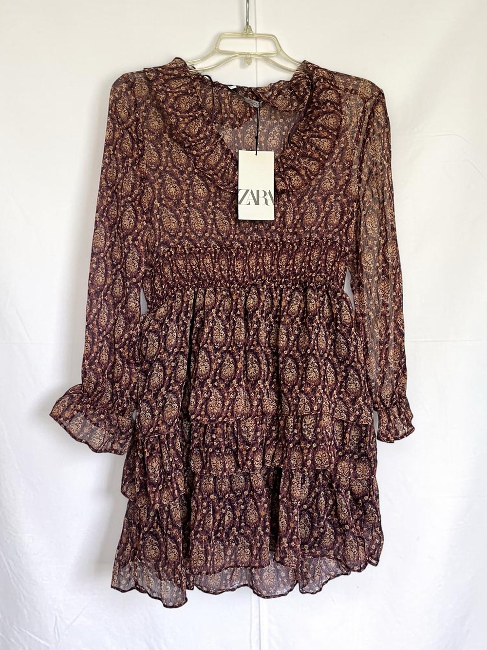 NWT Zara Paisley Long-Sleeve Tiered Babydoll Mini Dress | Size Small